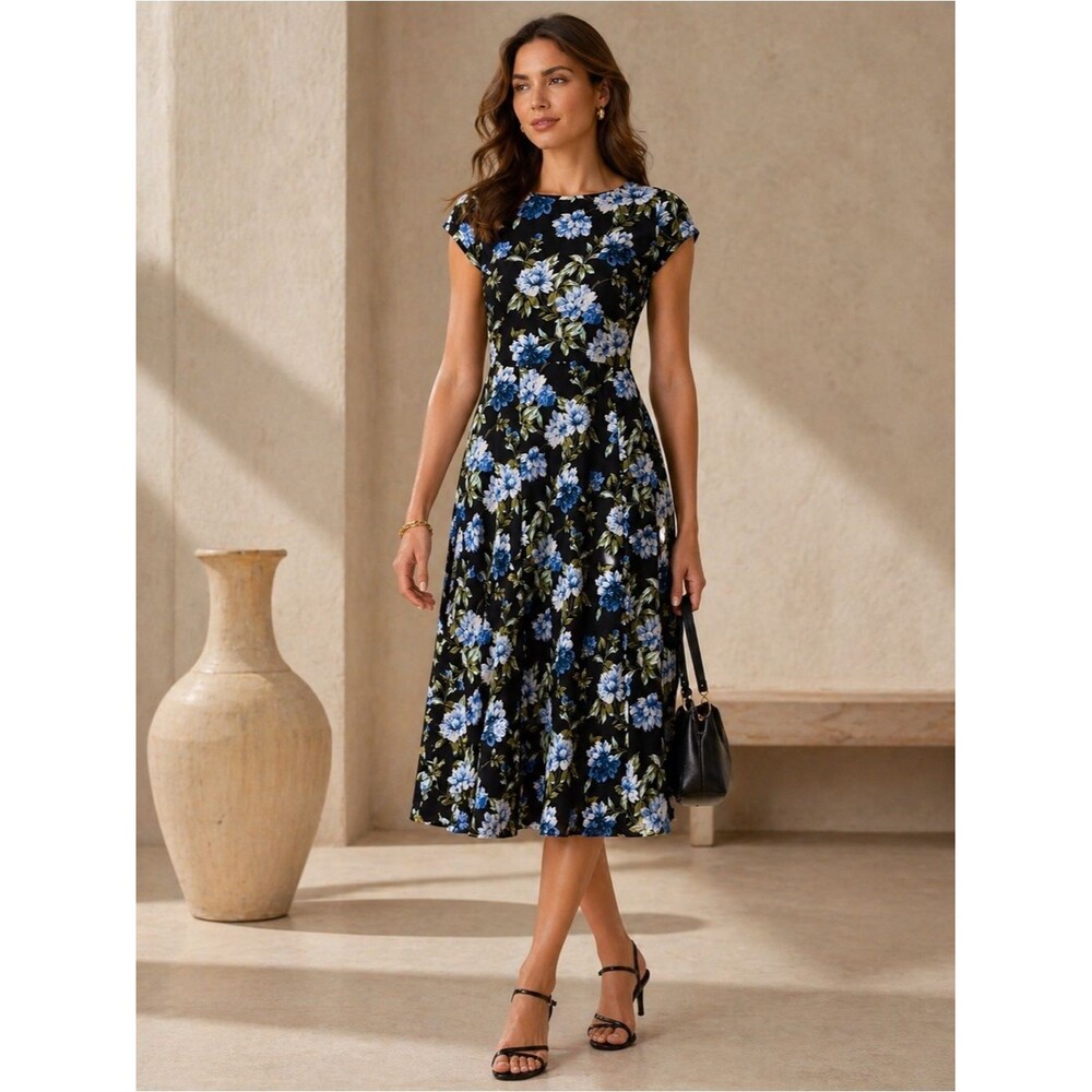 Banana Republic Black & Blue Floral Cap Sleeve Midi Dress Size 8 Petite NEW